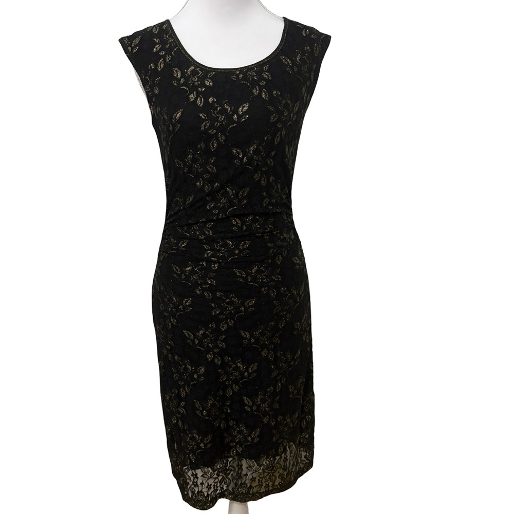 Max Studio Black and Gold Floral Midi Dress